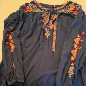 Johnny Was Navy Blouse with Colorful Embroidery